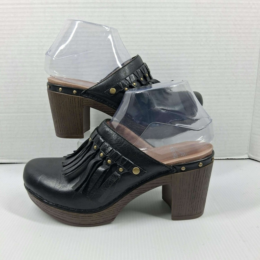 Dansko Black Leather‎ Fringe Kiltie Studded Clog Mules EU 36 US 5.5-6 Wood Heel